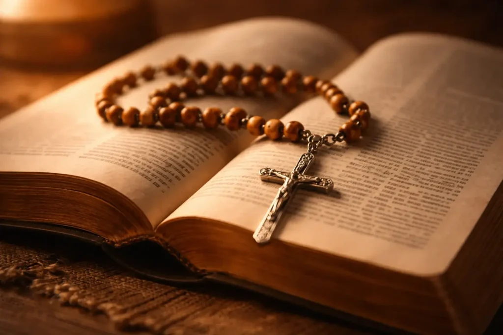 close-up of rosary beads resting on an open bible