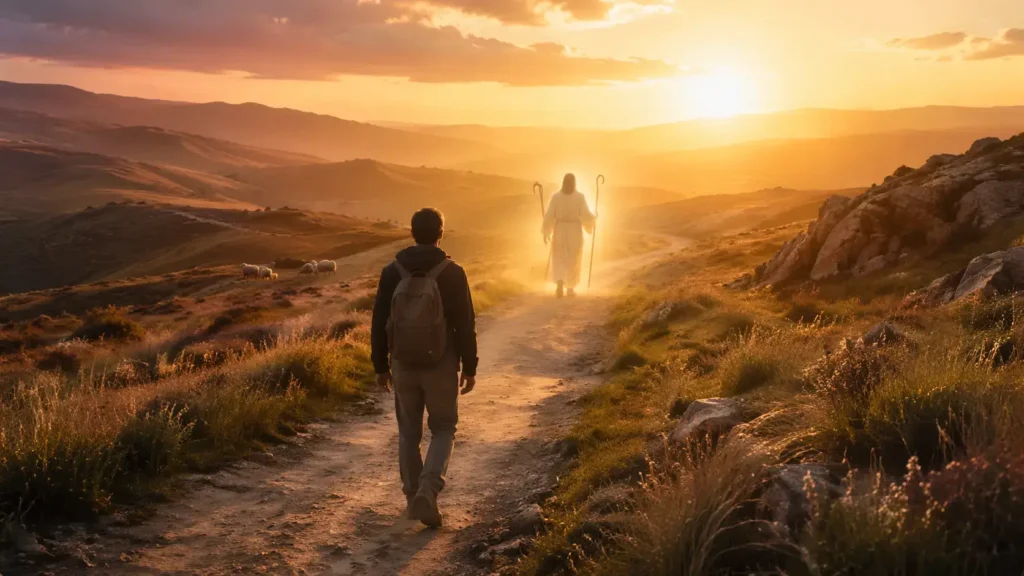 Jesus the Good Shepherd guiding sheep at sunrise