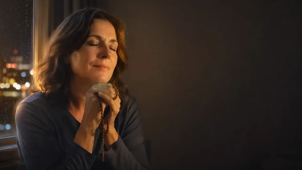 A quiet moment of prayer and trust in God Person praying the Rosary for anxiety in a calm and peaceful setting