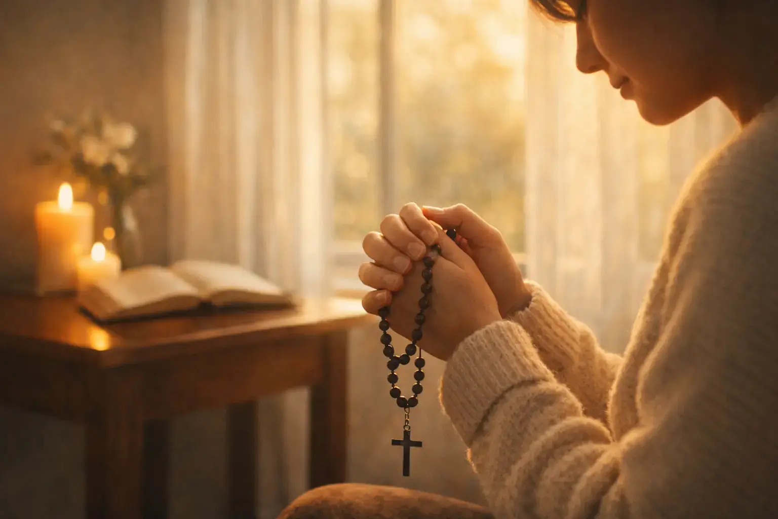 Rosary guides for beginners with a person holding rosary beads in a peaceful prayer setting