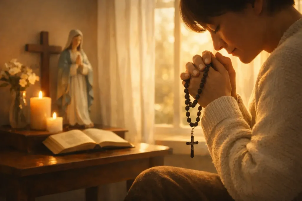 Rosary intentions prayer with hands holding rosary beads