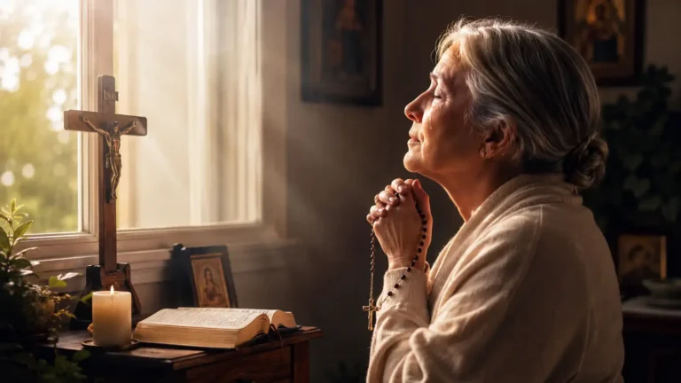 Older woman quietly praying the Rosary beside a window during early morning light.
