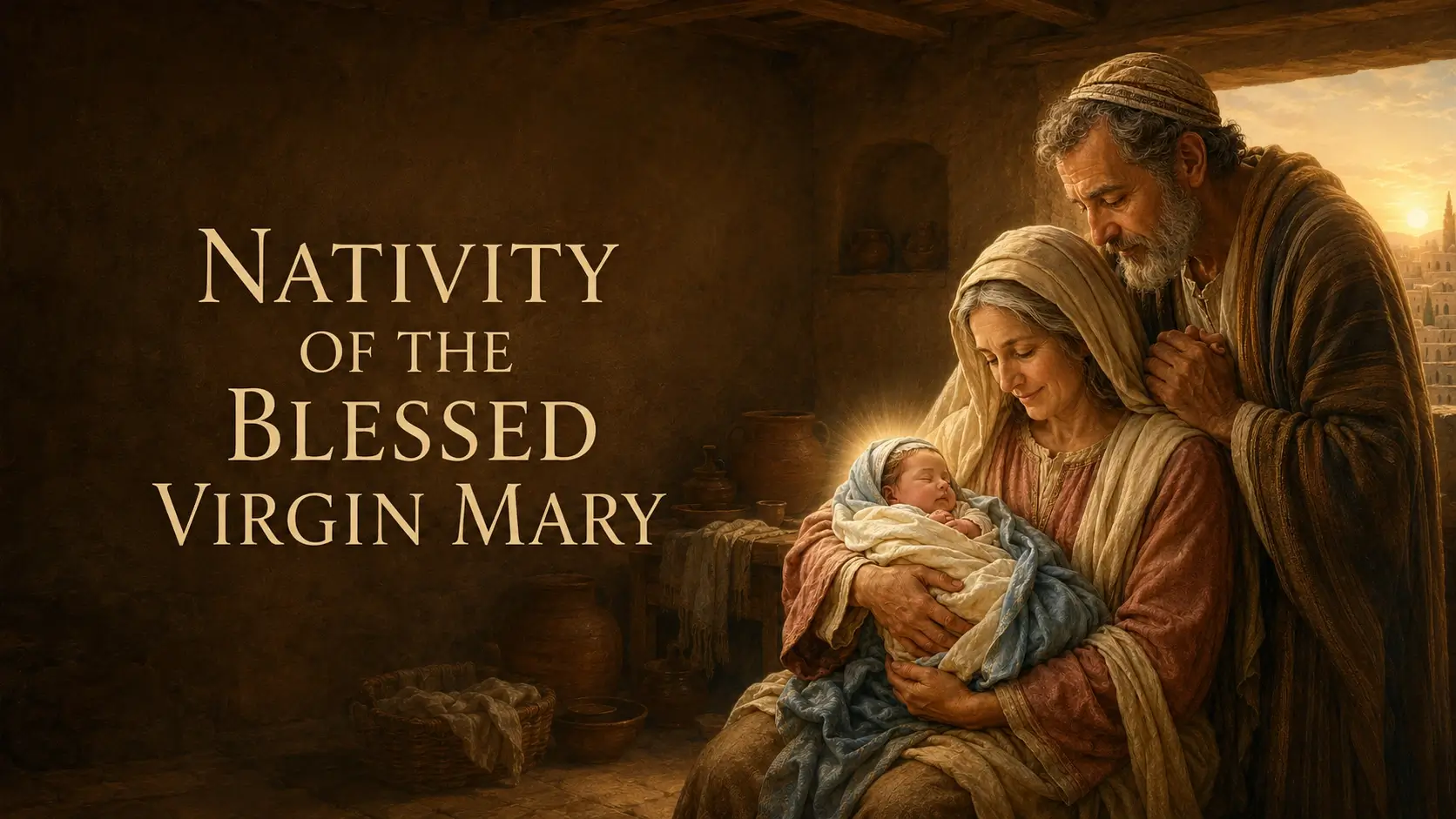 Saint Anne holding the newborn Blessed Virgin Mary beside Saint Joachim at dawn