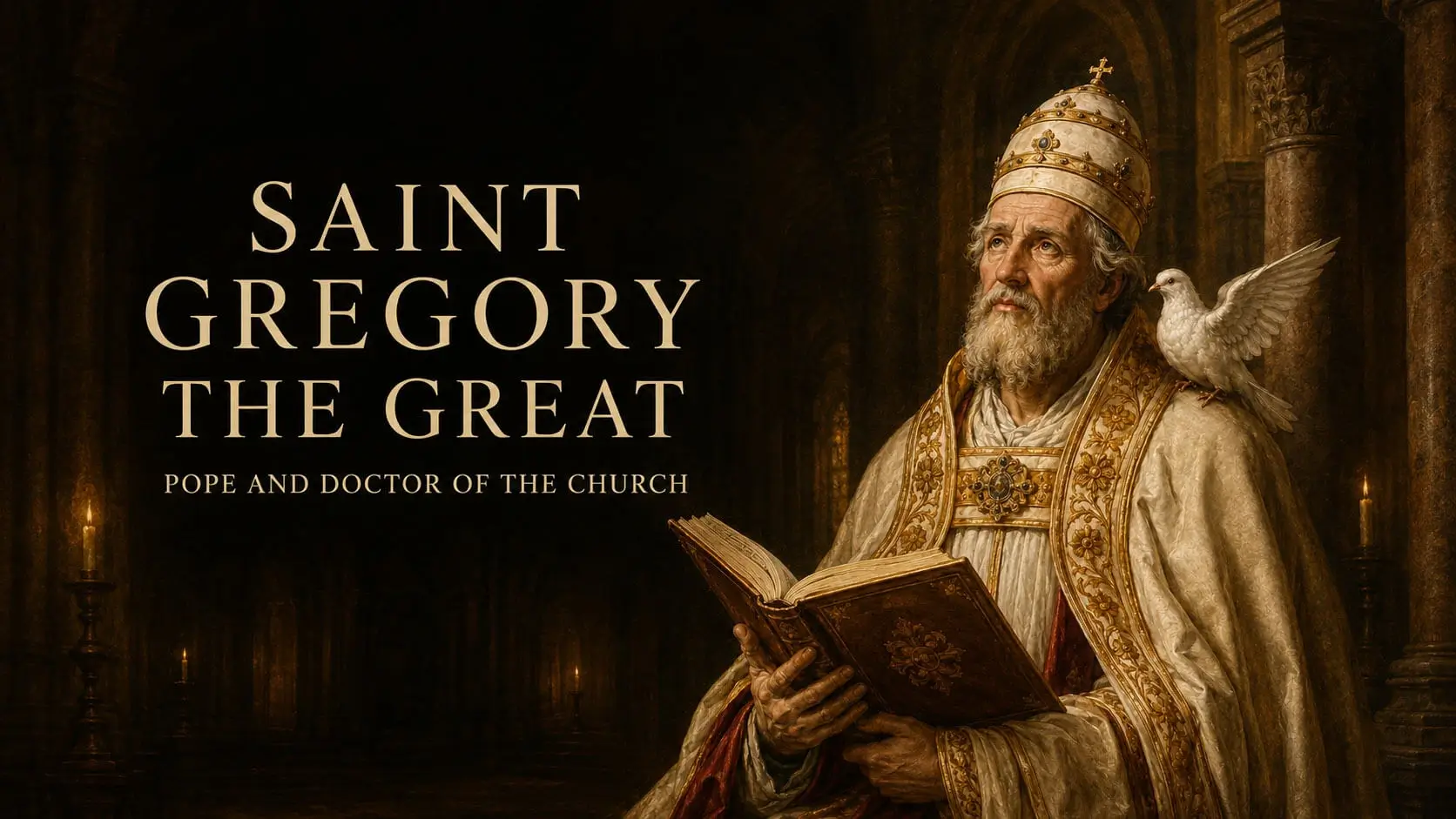 Saint Gregory the Great holding an open book with a white dove beside him
