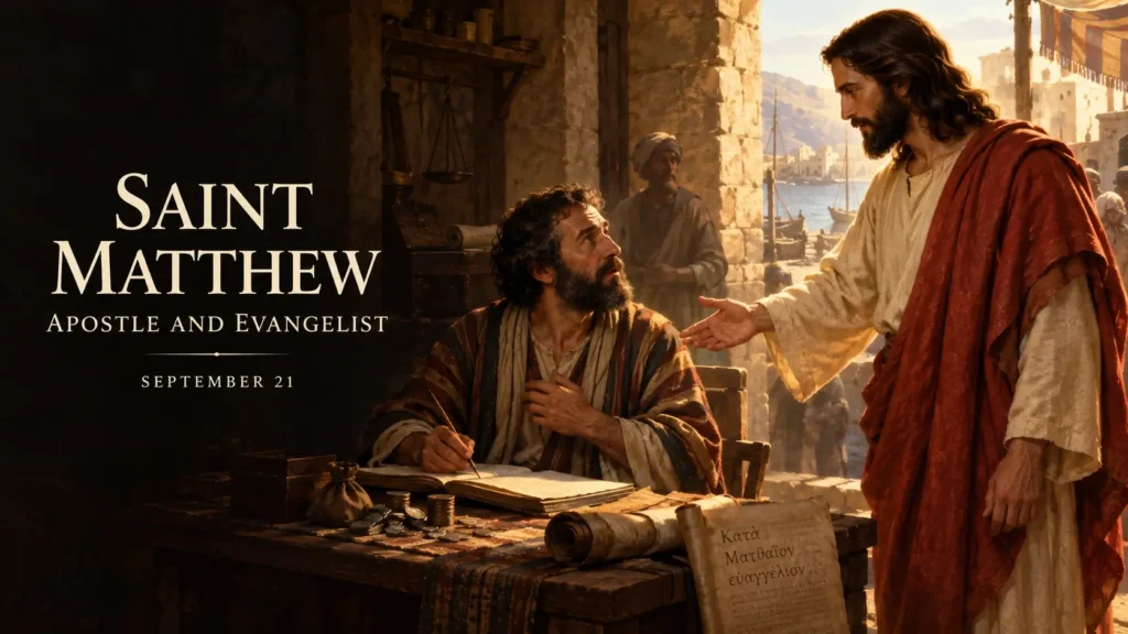 Jesus calling Saint Matthew from the customs table, with coins, an account book, and a Gospel manuscript nearby.