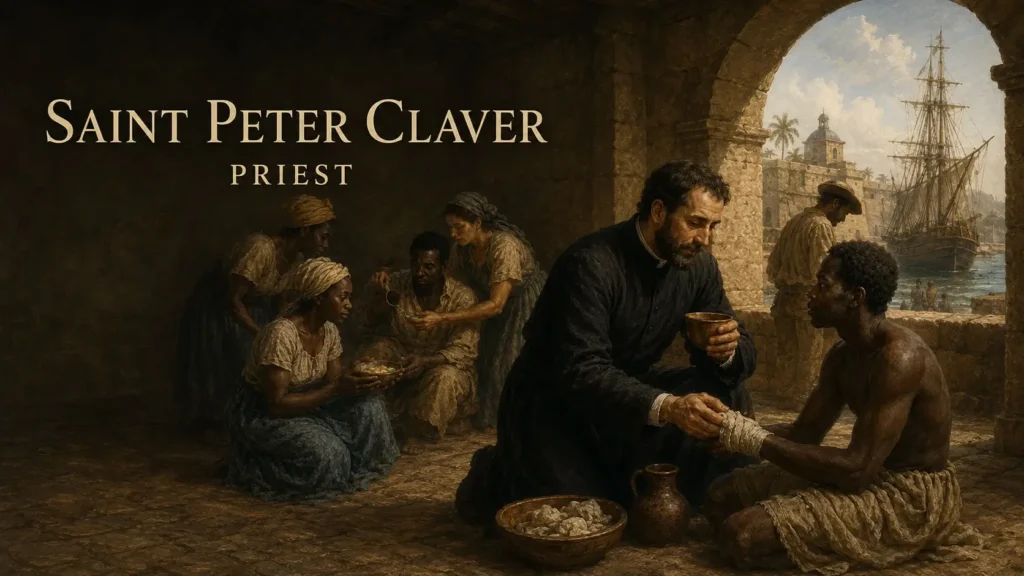Saint Peter Claver tending an African man’s bandaged hand and offering water in seventeenth-century Cartagena