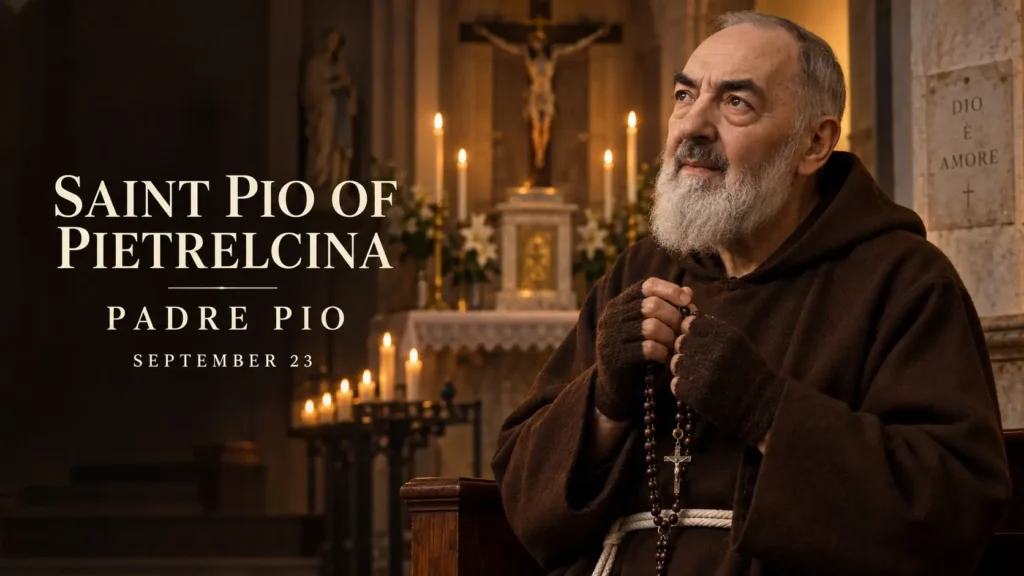 Saint Pius of Pietrelcina in a brown Capuchin habit holding a Rosary inside a quiet church.