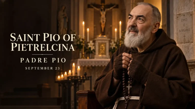 Saint Pius of Pietrelcina in a brown Capuchin habit holding a Rosary inside a quiet church.