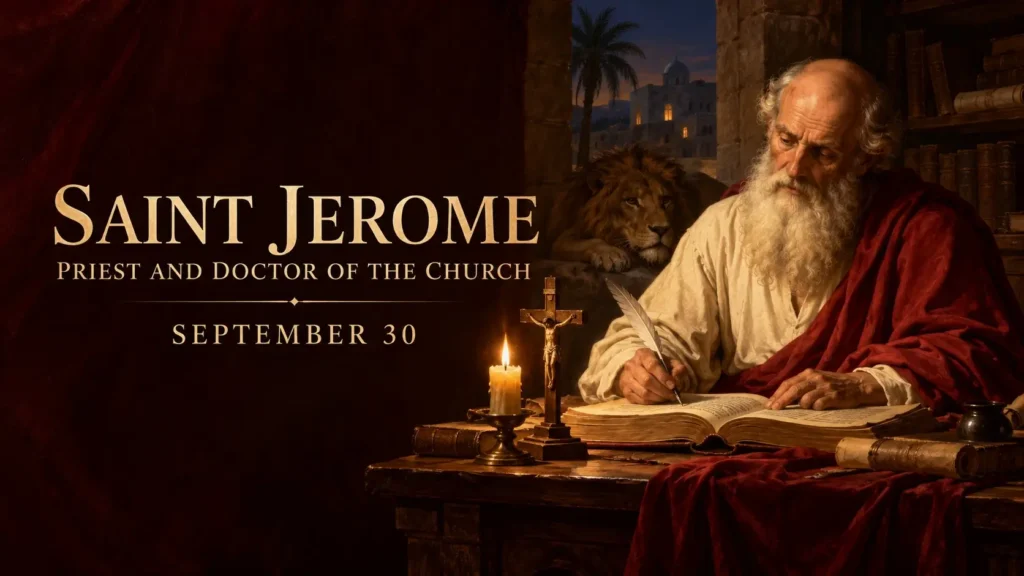 Saint Jerome studying Sacred Scripture at a wooden desk with a crucifix and the traditional lion nearby.