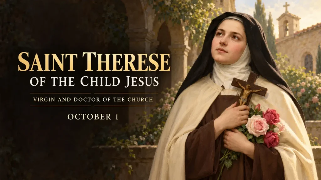 Saint Thérèse of Lisieux in her Carmelite habit holding a crucifix and roses in a quiet monastery garden.