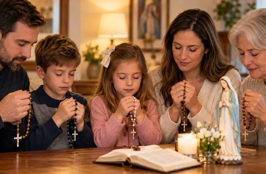 Catholic parents, grandmother, and two children praying the Holy Rosary together at home