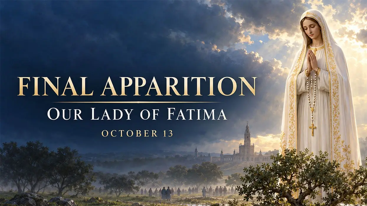 Our Lady of Fatima holding a Rosary above the Cova da Iria beneath a clearing sky.