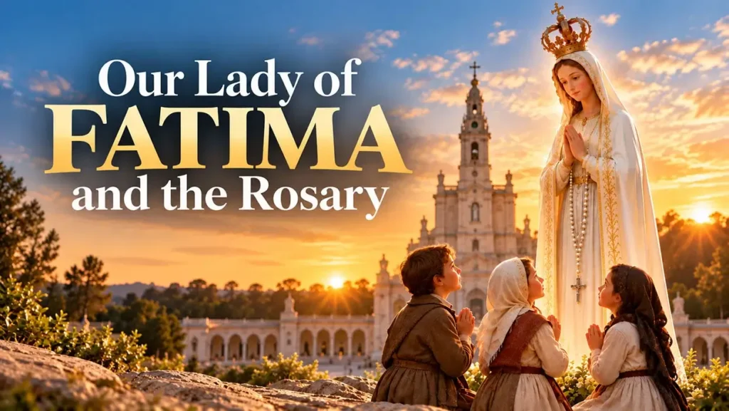 Our Lady of Fatima with the three shepherd children, Rosary beads, and the Sanctuary of Fatima