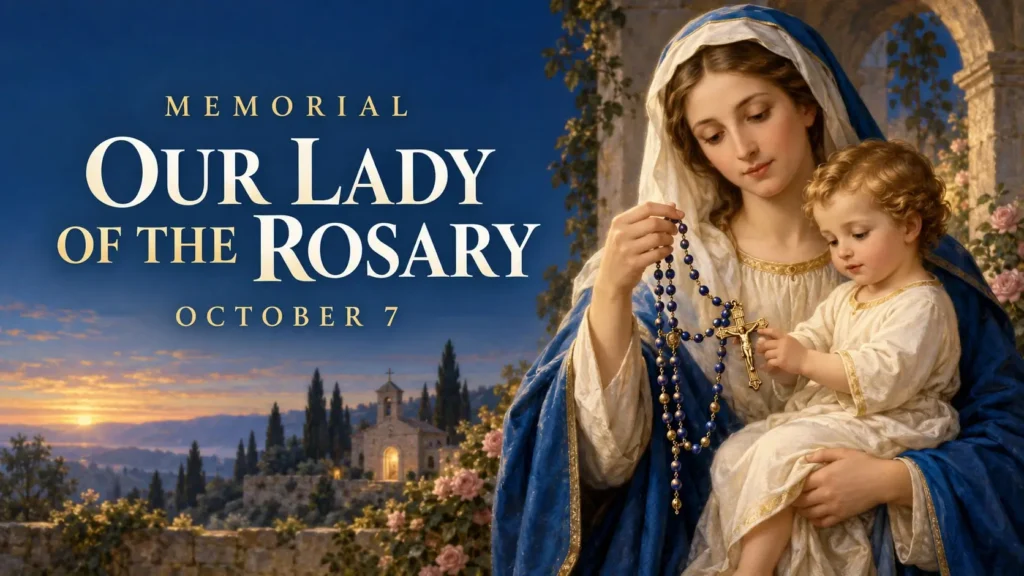 The Blessed Virgin Mary holding the Christ Child and presenting a Rosary in a peaceful shrine garden.