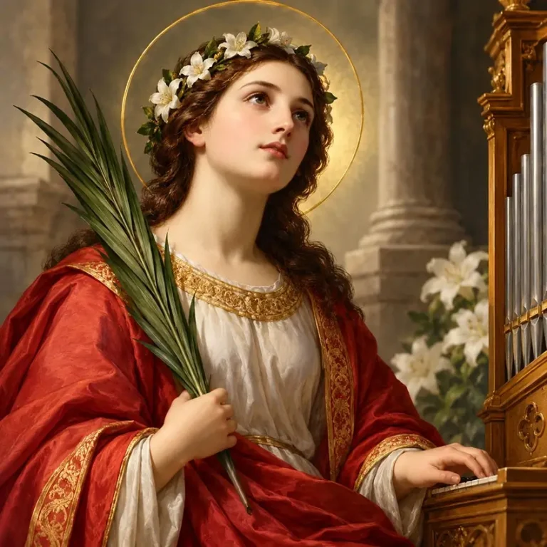 Saint Cecilia, virgin and martyr, wearing a red robe and a crown of white lilies, holding a palm branch beside a pipe organ, symbolizing her patronage of musicians and sacred music.