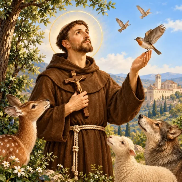 Saint Francis of Assisi wearing a brown Franciscan habit and holding a crucifix, surrounded by soft natural light.