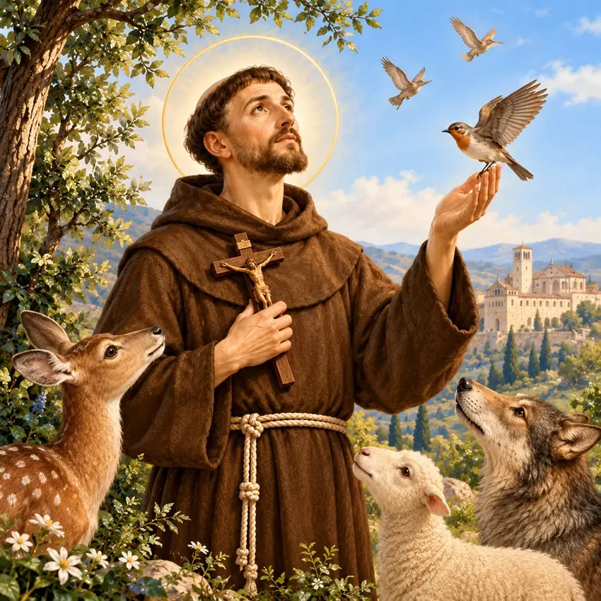 Saint Francis of Assisi wearing a brown Franciscan habit and holding a crucifix, surrounded by soft natural light.