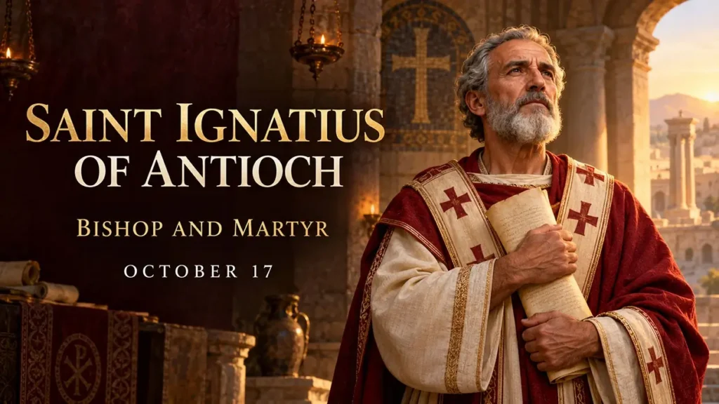 Saint Ignatius of Antioch wearing early Christian bishop’s vestments and holding a scroll beside a cross.