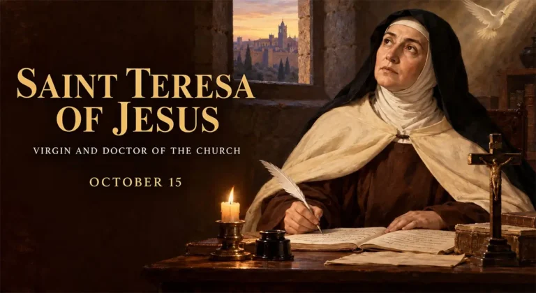 Saint Teresa of Ávila writing beside an open manuscript and crucifix in a Carmelite convent study.