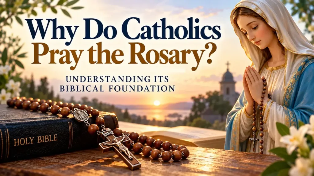 Why Catholics pray the Rosary, illustrated with the Blessed Virgin Mary praying beside a Bible and Rosary beads