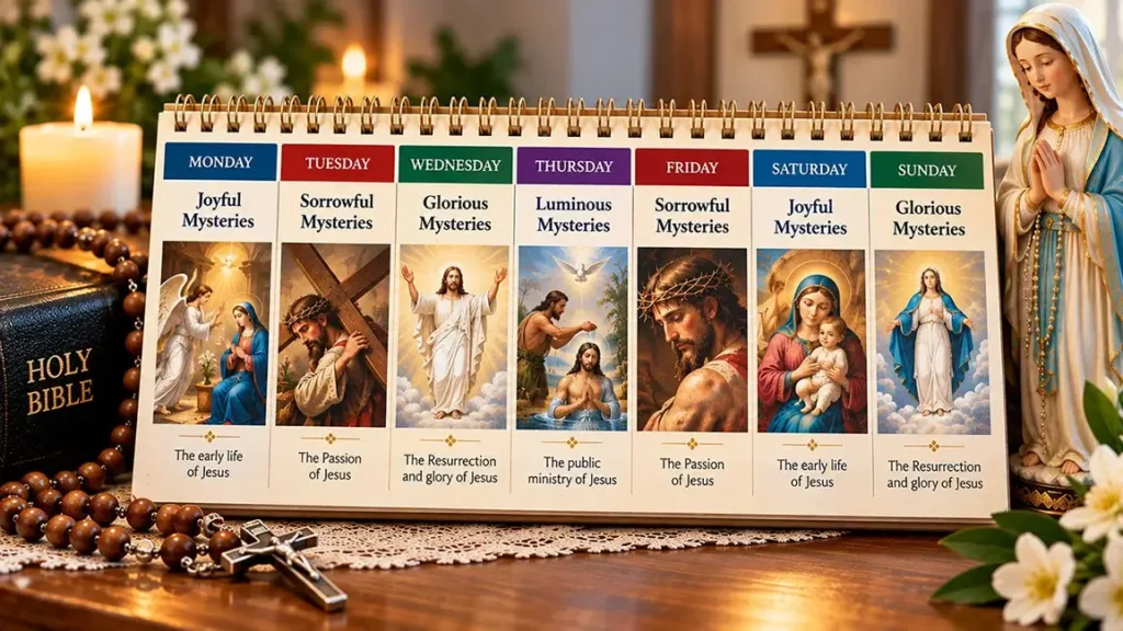 Weekly Rosary mysteries schedule showing Joyful Mysteries on Monday and Saturday, Sorrowful on Tuesday and Friday, Glorious on Wednesday and Sunday, and Luminous on Thursday