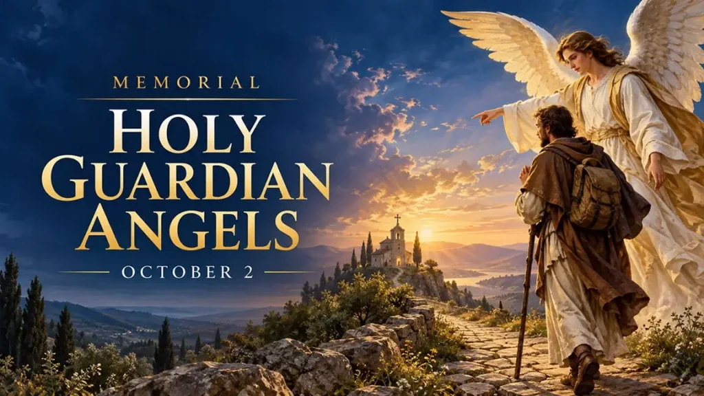 A guardian angel accompanying an adult pilgrim along a path toward a chapel at sunrise.