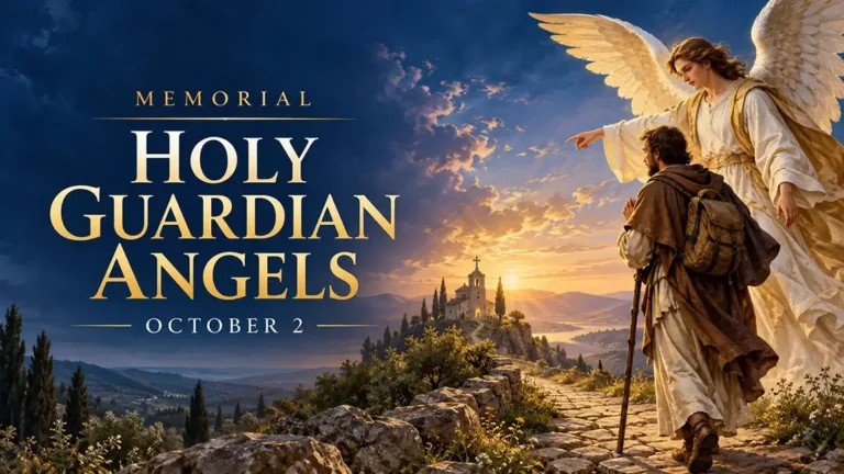 A guardian angel accompanying an adult pilgrim along a path toward a chapel at sunrise.