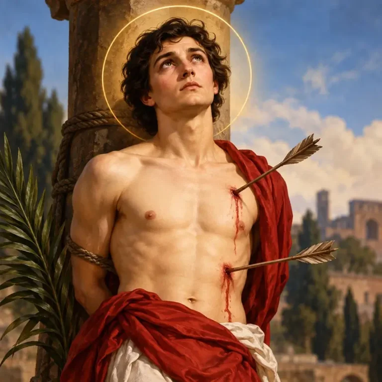 Saint Sebastian, early Christian martyr, bound to a stone column with arrows piercing his body, wearing a red cloak and surrounded by a golden halo.