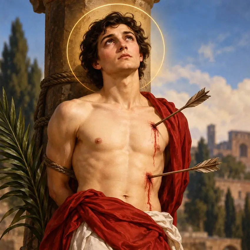Saint Sebastian, early Christian martyr, bound to a stone column with arrows piercing his body, wearing a red cloak and surrounded by a golden halo.