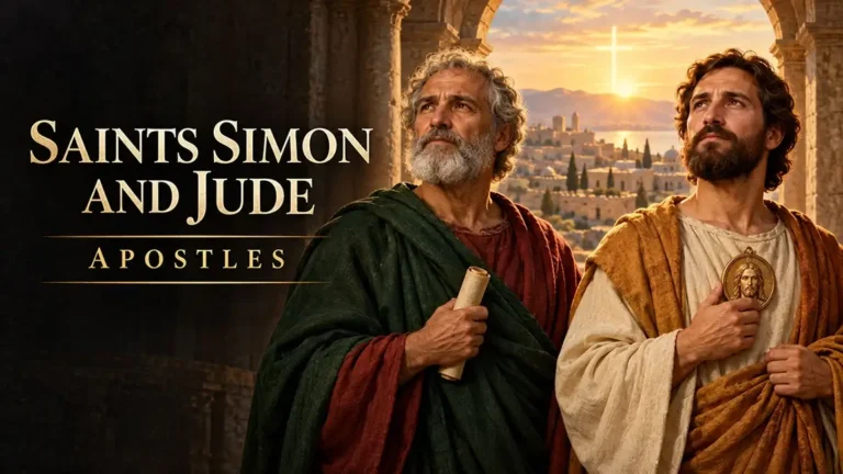 Saints Simon the Zealot and Jude Thaddeus standing together with symbols of apostolic mission beneath a radiant cross.