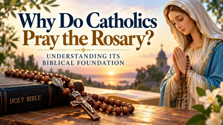 Why Catholics pray the Rosary, illustrated with the Blessed Virgin Mary praying beside a Bible and Rosary beads